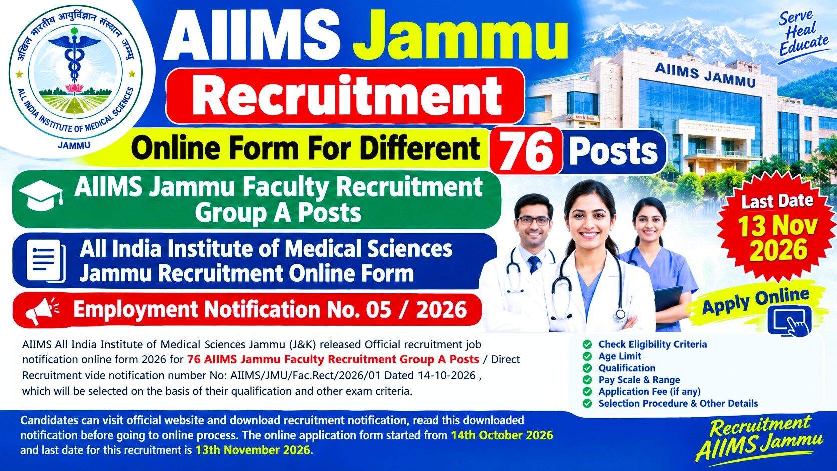 AIIMS Jammu Recruitment Online Form For Different Posts 2026